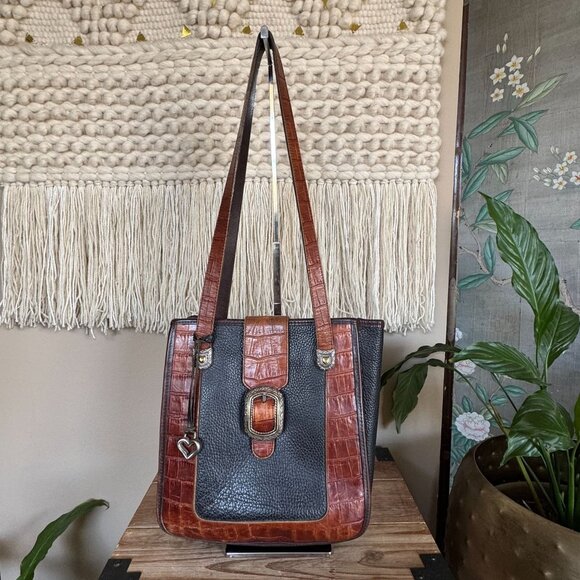 Vintage Brighton Black Brown Croc Embossed Structured Double Strap Shoulder Bag - Picture 1 of 16